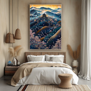 Cherry Blossom Temple in Pointillist Style Poster