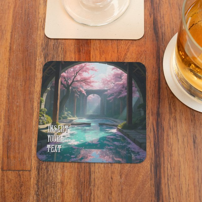 Cherry Blossom Temple With Sacred Pool Anime Square Paper Coaster (Creator Uploaded)