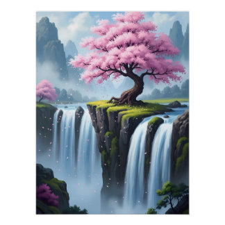 Cherry Blossom Tree Above Waterfalls Poster