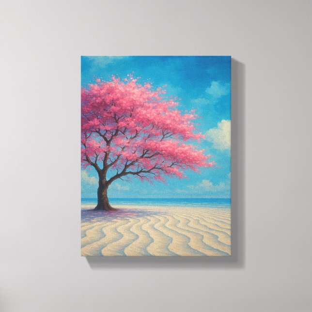 Cherry Blossom Tree on Sandy Seashore Canvas Print (Front)