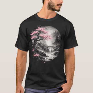 Cherry Blossom Tree Waterfall Zen Japanese Nature T-Shirt