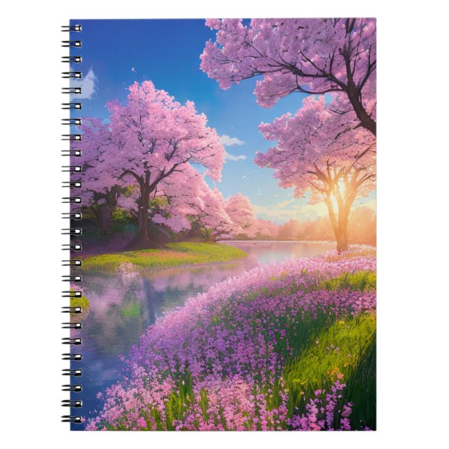 Cherry Blossom Trees and Flowered Riverbank Notebook (Front)