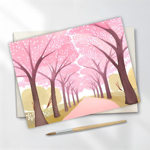 Cherry Blossom Trees Pink Watercolor Path Postcard