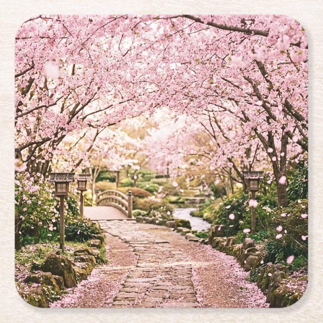 Cherry Blossom Trees Square Paper Coaster (Front)