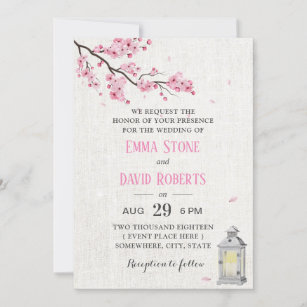 Cherry Blossom Vintage Lantern Linen Wedding Invitation