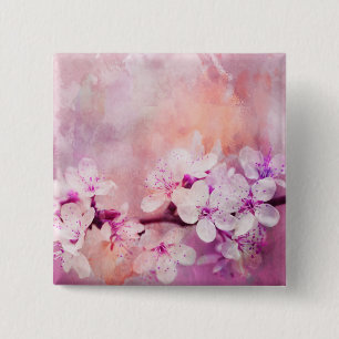 Cherry Blossom Watercolor Art 15 Cm Square Badge