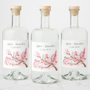 Cherry Blossom Watercolor Flowers Floral Wedding Liquor Bottle Label