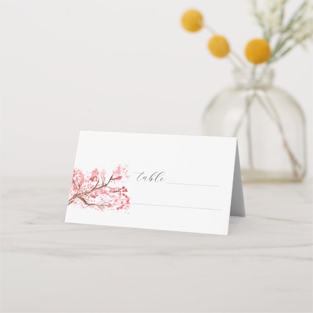 Cherry Blossom Watercolor Pink Floral Wedding Place Card (Front)