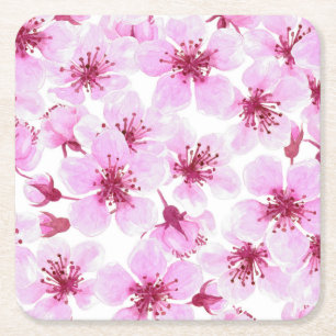 Cherry blossom watercolor square paper coaster