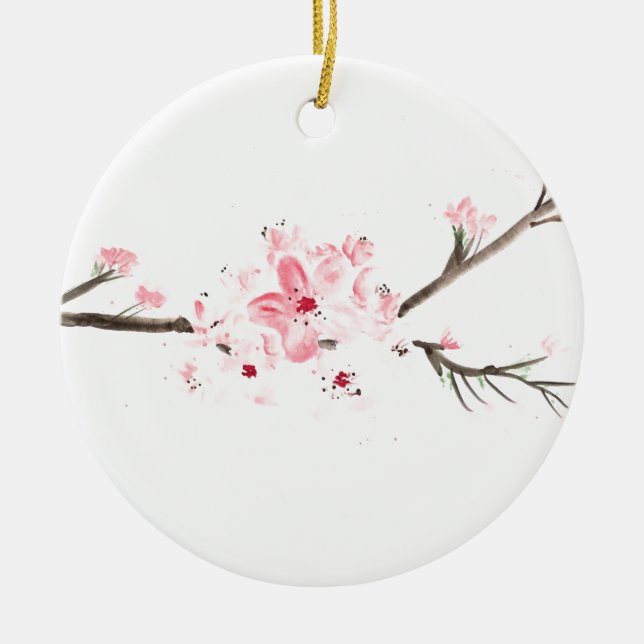 Cherry blossom watercolour ceramic tree decoration (Front)