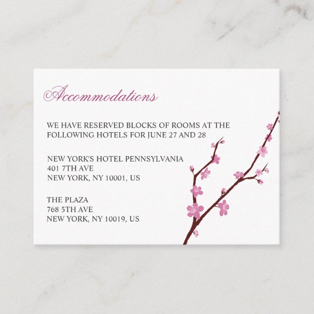 Cherry Blossom Wedding Accommodation Cards (Front)