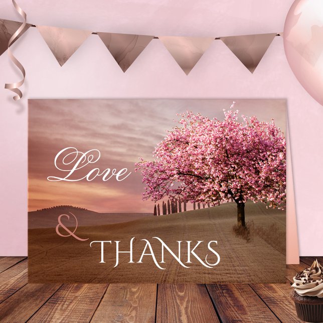 Cherry Blossom Wedding Photo Thank You Card (Wedding Thank You card featuring a painting of a landscape scene with a blossoming cherry tree)