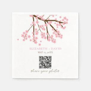 Cherry Blossom Wedding Photo Upload QR Code Napkin