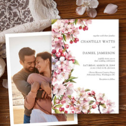 Cherry Blossom Wedding Pink Floral Photo   Invitation