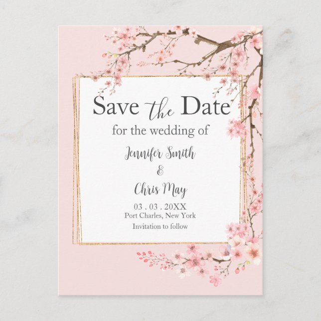 Cherry Blossom Wedding Save the Date Postcard (Front)