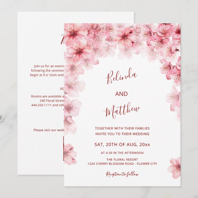  Cherry Blossom White Arched Casual Wedding Invitation (Front/Back)