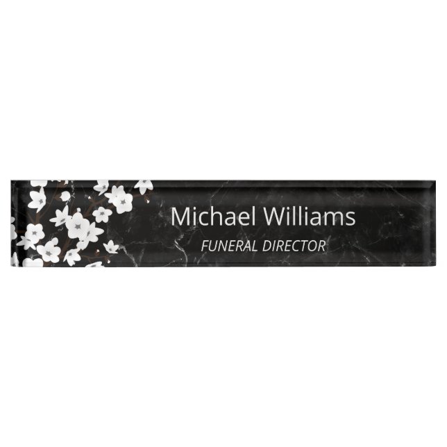 Cherry Blossom White Black Marble Funeral Director Nameplate (Front)