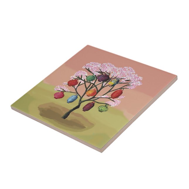 Cherry Blossom with oriental paper lanterns Tile (Side)