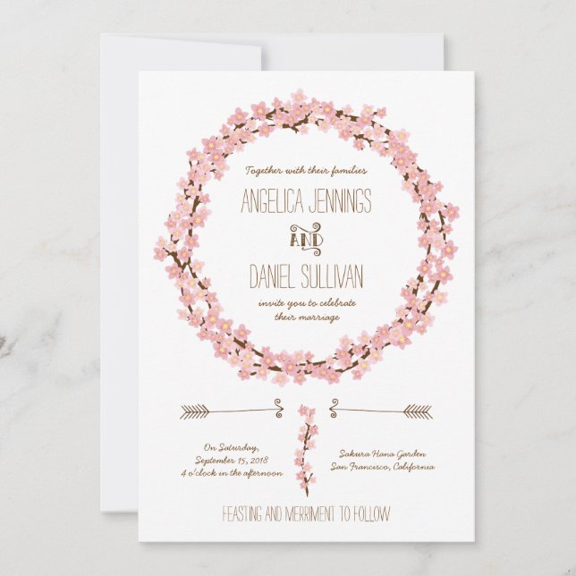 Cherry Blossom Wreath Boho Rustic Wedding Invitation (Front)