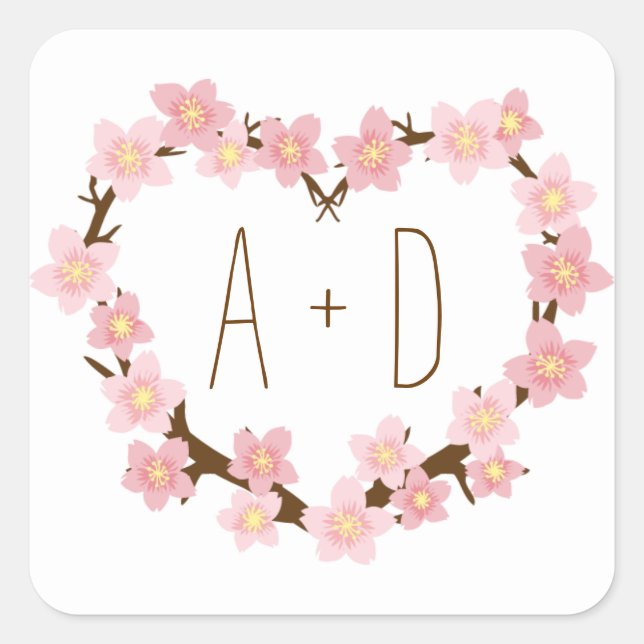Cherry Blossom Wreath Boho Rustic Wedding Square Sticker (Front)