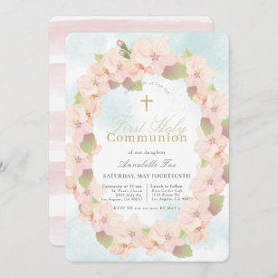 Cherry Blossom Wreath Girl First Holy Communion Invitation