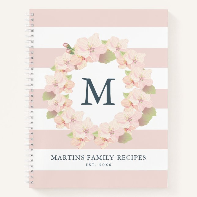 Cherry Blossom Wreath Monogram Family Recipe Notebook (Front)