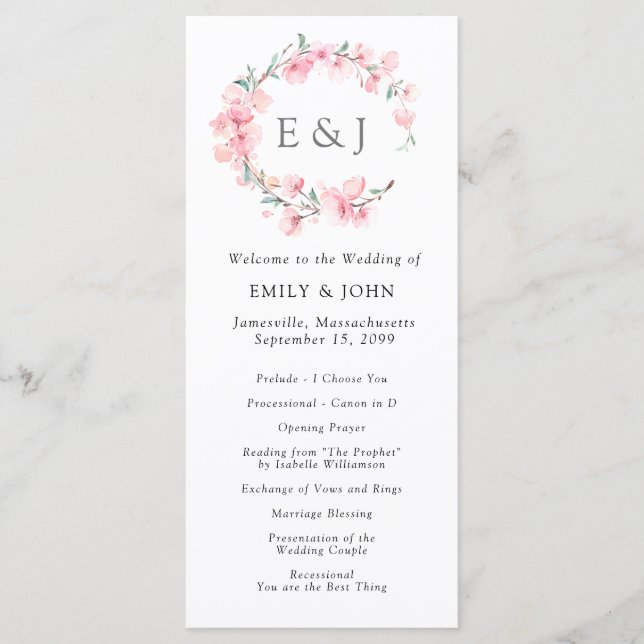 Cherry Blossom Wreath Monogram Wedding Programme (Front)