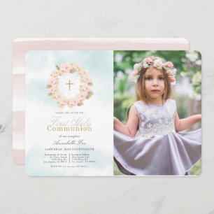 Cherry Blossom Wreath Photo First Holy Communion Invitation