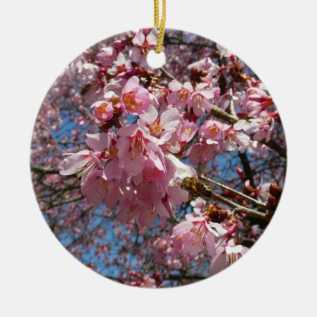 Cherry Blossoms and Bee Pink Spring Flowers Ceramic Tree Decoration (Front)