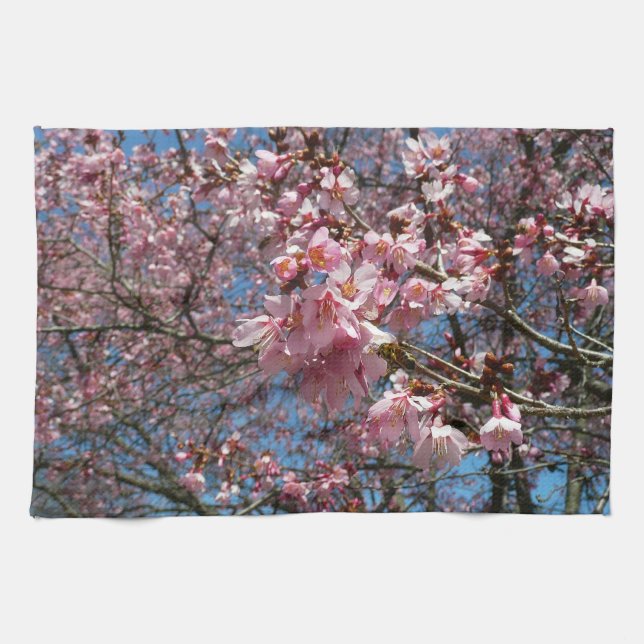 Cherry Blossoms and Bee Pink Spring Flowers Tea Towel (Horizontal)