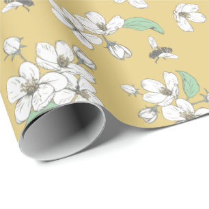 Cherry Blossoms and Bees Satin Gold Seamless Wrapping Paper