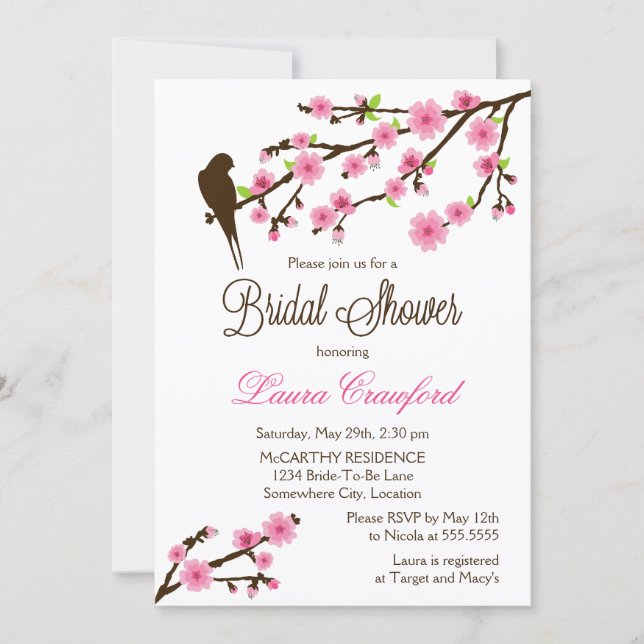 Cherry Blossoms and Bird Bridal Shower Invitation (Front)