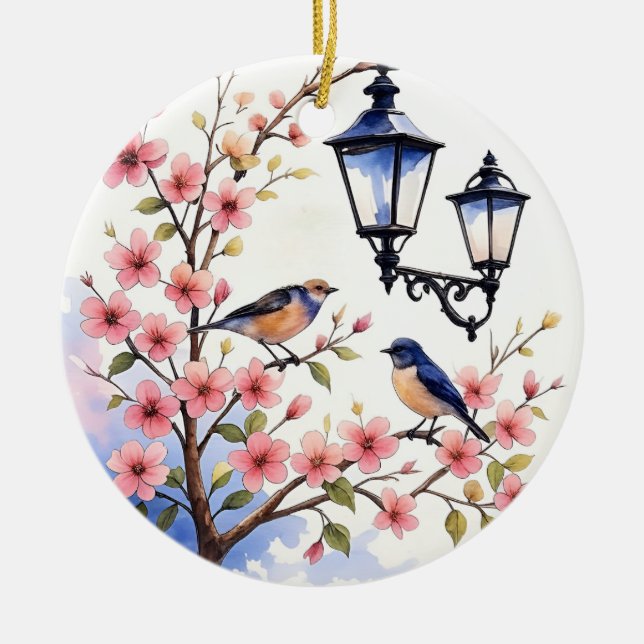Cherry Blossoms and birds Ceramic Tree Decoration (Front)