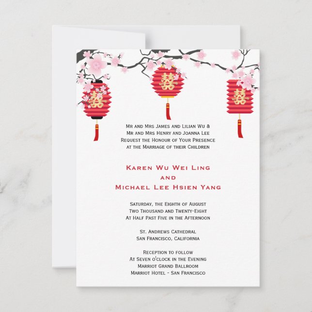 Cherry Blossoms and Chinese Lanterns Wedding Invitation (Front)