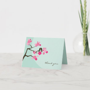 Cherry Blossoms And Love Birds Whimsical Wedding Thank You Card