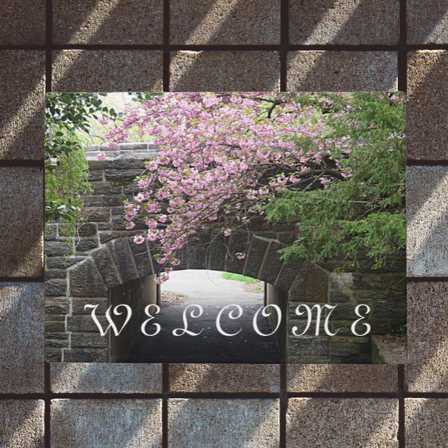 Cherry Blossoms and Stone Bridge Photo Doormat (In Situ)