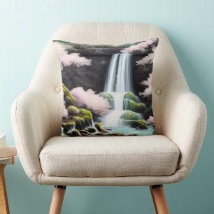Cherry Blossoms And Waterfall In Japan Cushion