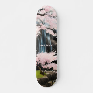 Cherry Blossoms And Waterfall   Monogram Skateboard
