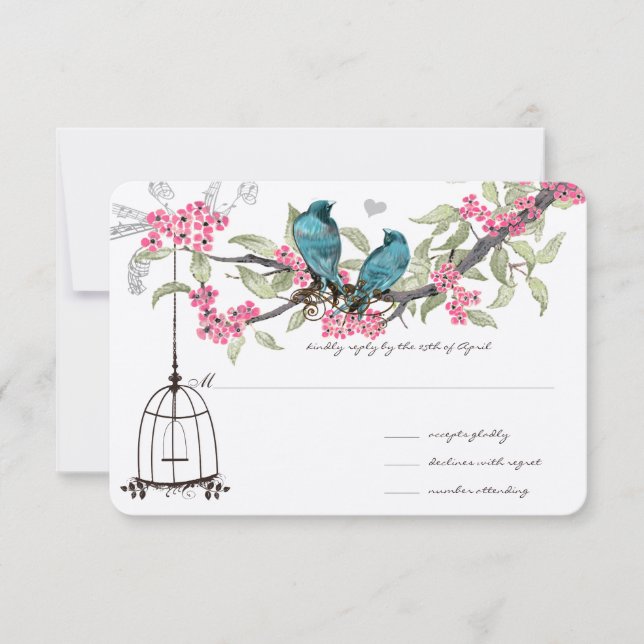 Cherry Blossoms Aqua Birds and Birdcage RSVP Card (Front)