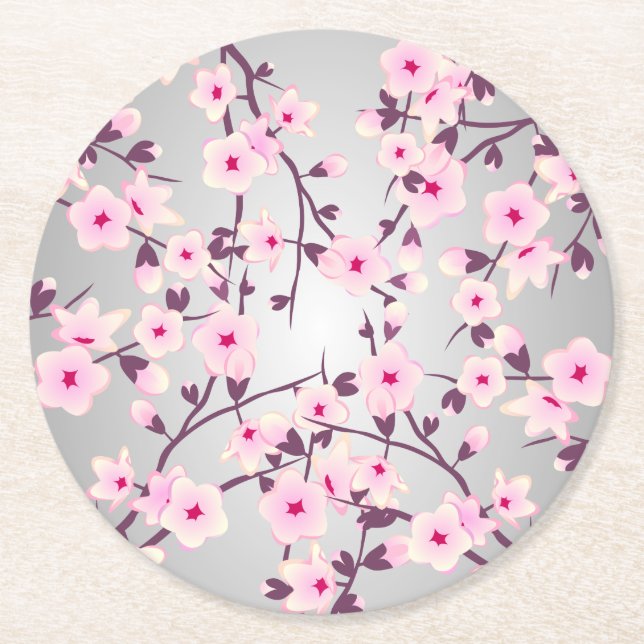 Cherry Blossoms Asia Floral Pink Grey Round Paper Coaster (Front)