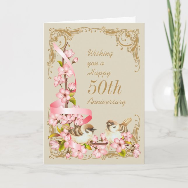 Cherry Blossoms & Birds 50th Anniversary Card (Front)