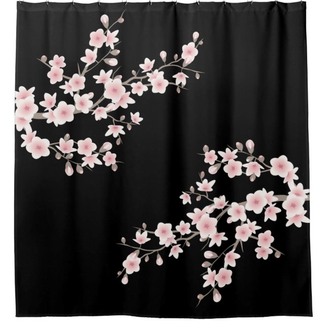  Cherry Blossoms BLUSH Pink Black Shower Curtain (Front)