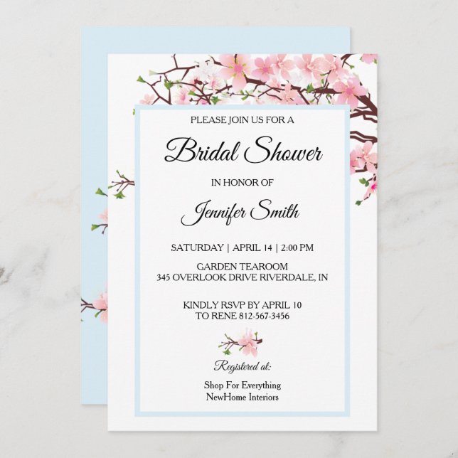 Cherry Blossoms Bridal Shower Pink Blue Card (Front/Back)