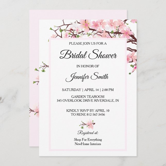 Cherry Blossoms Bridal Shower Pink Pink Card (Front/Back)