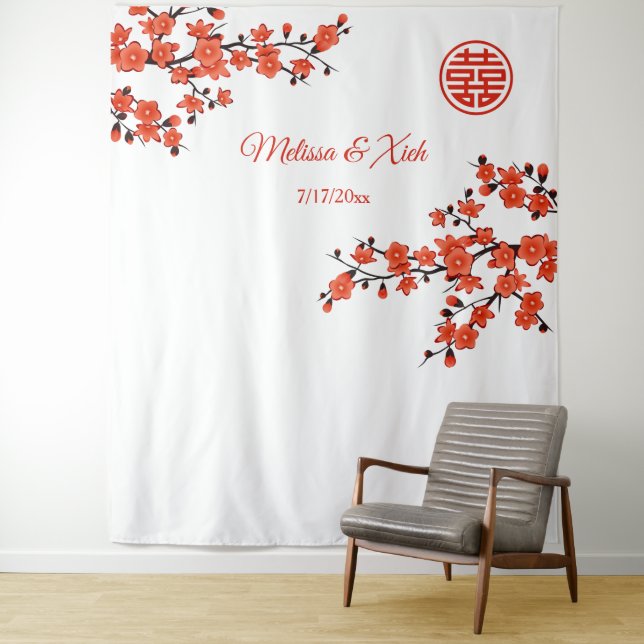 Cherry Blossoms Chinese Wedding Backdrop Tapestry (In Situ)