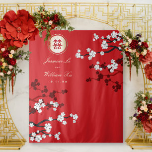 Cherry Blossoms Chinese Wedding Red Photo Backdrop Tapestry