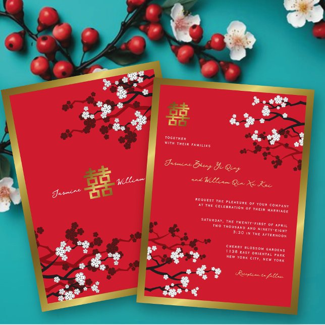 Cherry Blossoms Double Happiness 囍 Chinese Wedding Invitation (White Cherry Blossoms & Golden Double Happiness 囍 Chinese Wedding Invitation @ fat_fa_tin)