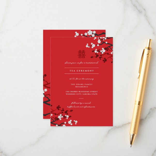 Cherry Blossoms & Double Happiness Chinese Wedding Enclosure Card (Front/Back In Situ)