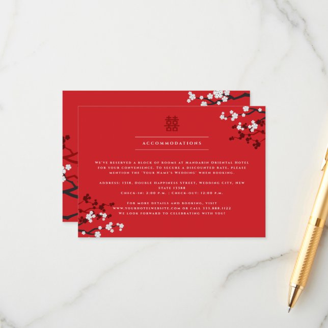 Cherry Blossoms & Double Happiness Chinese Wedding Enclosure Card (Front/Back In Situ)