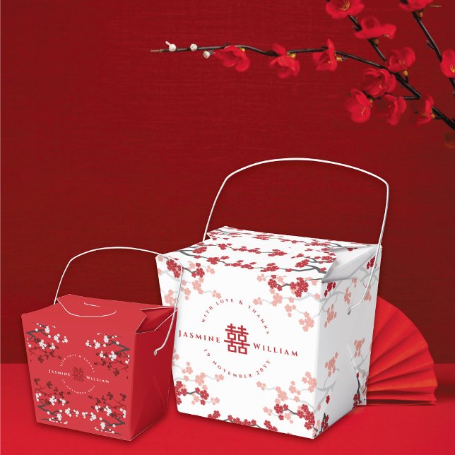 Cherry Blossoms & Double Happiness Chinese Wedding Favour Box (Red/White Cherry Blossoms Double Happiness Chinese Wedding Party Favor Boxes @ fatfatin_red_knot)